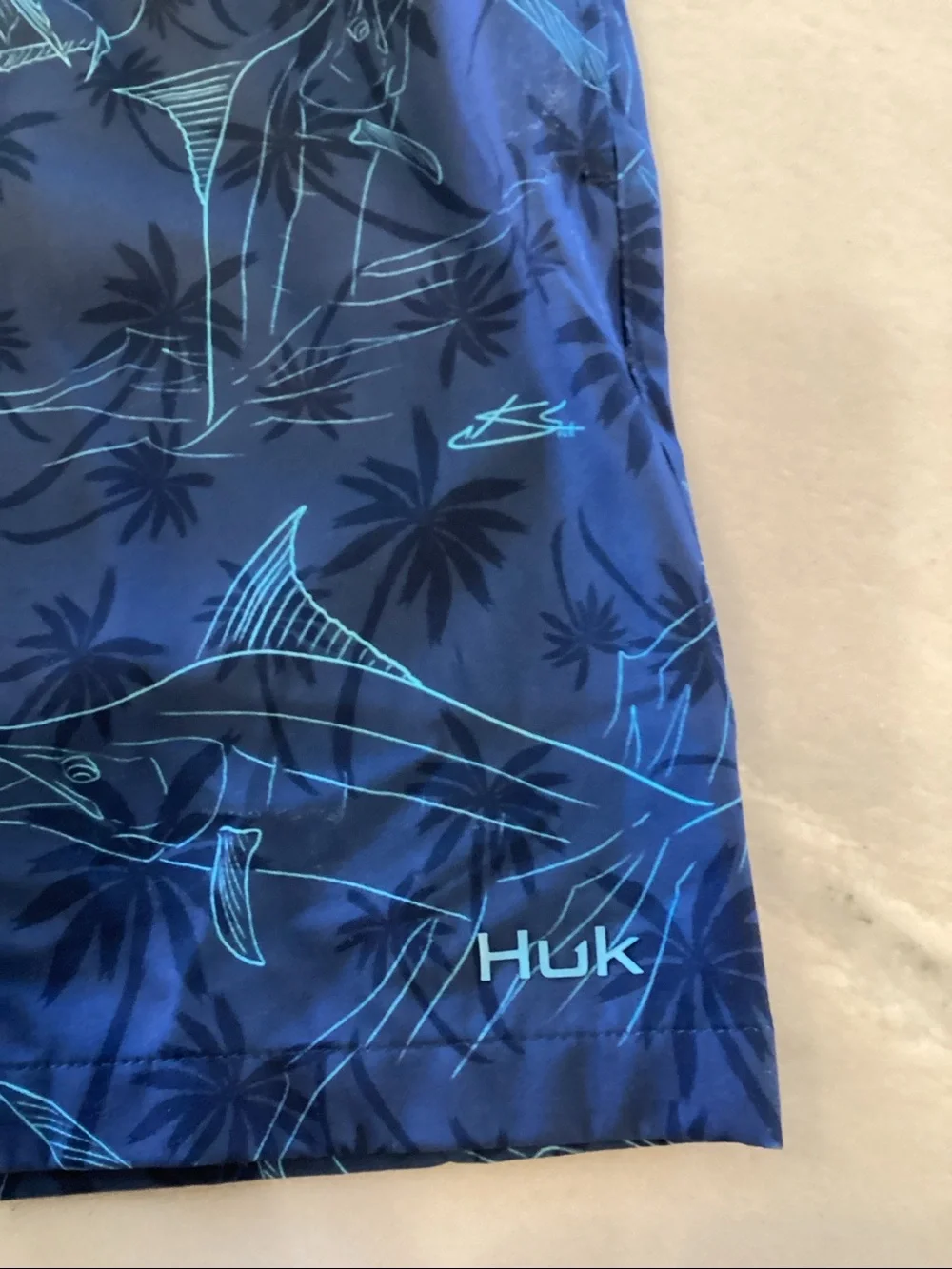 Huk Navy Swim Trunks with Aqua Marlin Print